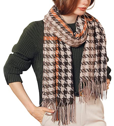 Damen Webschal Lange Schal Breite Shawl mit Fransen Elegant Damenschal aus Kaschmirimitat Umhängetuch Modisch Warm Winterschal Klassisch Houndstooth + Kariert Muster 70×180cm - Dunkelbraun & Graurosa