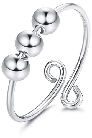 KALVICA 925 Sterling Silber Angst Spinning Ringe mit Perlen Verstellbar Anxiety Ringe Anti Stress Ringe Fidget Ringe Dekompressionsring Silber Ringe für Damen Männer