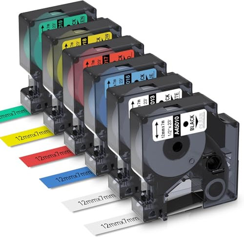 Aken 12mm x 7m Etikettenband Kompatibel mit Dymo D1 für Dymo Labelmanager 160 LM280 360 420P, als Ersatz für D1 Transparent/Weiß/Gelb/Rot/Grün/Blau, 45010 45013 45016 45017 45018 45019