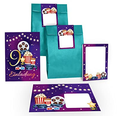 Junapack 12 Einladungskarten zum 9. Kindergeburtstag Kino neunte Geburtstag Mädchen Jungen Cinema Kino-Party incl. 12 Umschläge, 12 Tüten/petrol, 12 Aufkleber, 12 Blöcke