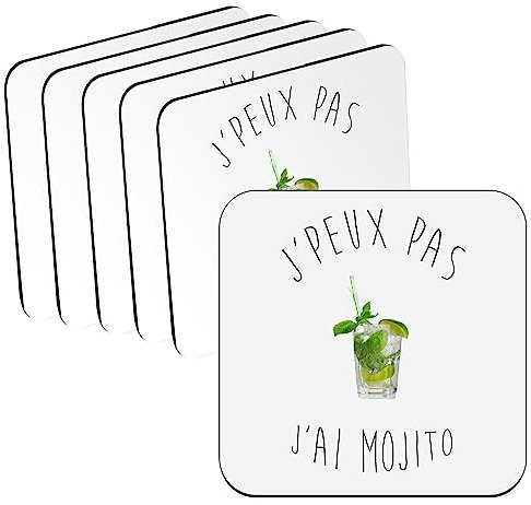 sous Verre en liège - J'Peux Pas J'Ai Mojito Humour - Lot de 6 (95 x 95 mm)