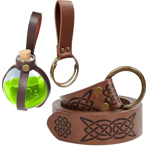 SUMGOGO Bouteille de potion en liège noir magique - Bouteille en verre - Chevalier médiéval - Ceinture en cuir - Accessoires de costume - Bouteilles décoratives - 200 ml, B-marron., taille unique