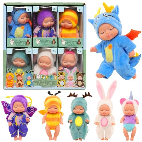 Miunana Baby Doll Set - 6 Piece Mini Dolls, Washable PVC Material, Realistic Movable Toys for Girls and Toddlers (Set-1)