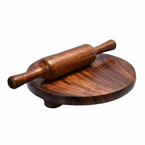 Essential Products Wooden Rolling Board with Rolling Pin Belan Chakla for Roti Made in India/Pakistan