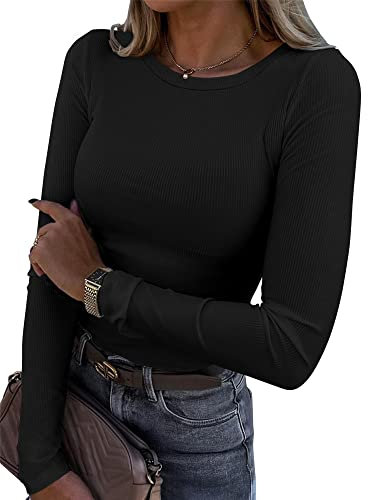 Smile Fish Womens Long Sleeve Stretch Crewneck Ribbed T-Shirt Fitted Casual Basic Tops, Black XL