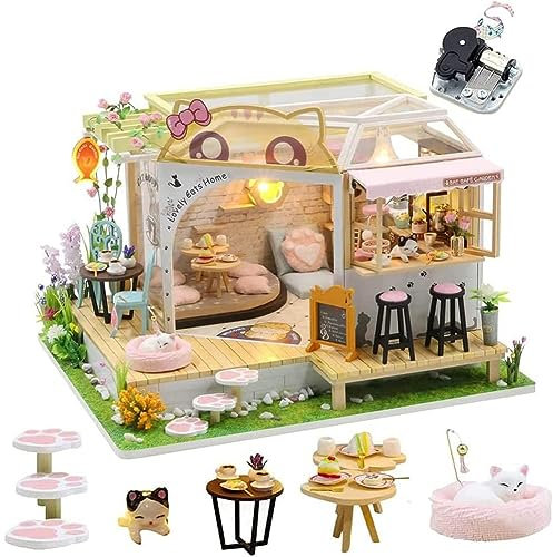 DIY Cat Cafe Miniatur Puppenhaus Kit mit LED-Licht, 1:24 Maßstab handgemachte Katze Kaffee Garten Puppenhaus, kreative Geburtstagsgeschenk für Teenager Kind (Puppenhaus mit Spieluhr)