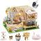DIY Cat Cafe Miniatur Puppenhaus Kit mit LED-Licht, 1:24 Maßstab handgemachte Katze Kaffee Garten Puppenhaus, kreative Geburtstagsgeschenk für Teenager Kind (Puppenhaus mit Spieluhr)