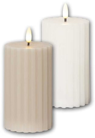 world-trading-net - 2er Set LED Stumpenkerzen STRIPE, Höhe 15cm, Durchmesser 7,5cm, weiß und beige, Timer, 3D Flamme