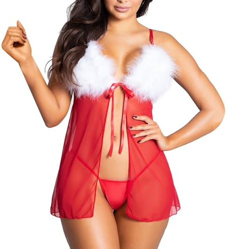 HHOP Damen Weihnachten Dessous Set Unterwäsche Weihnachten Mesh Perspektive Sexy Kleid Spitze Frauen Versuchung Pyjamas Sexy Dessous Riemen Damen Sexy Babydoll Lingerie Schwarzes Dessous Set
