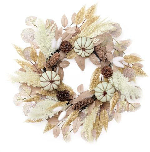 Valery Madelyn 45cm Herbstdeko Türkranz,Herbstkranz Kürbis deko mit Künstlich Pampasgras,Pinienzapfen für Herbst Dekoration,Deko Wand Tisch Fenster für Thanksgiving Fall Decor,Beige