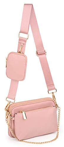 UTO Sac à Main porté épaule Femme 3 en 1 Polyvalent Pochette avec bandoulière en chaîne Amovible Nylon Rosé