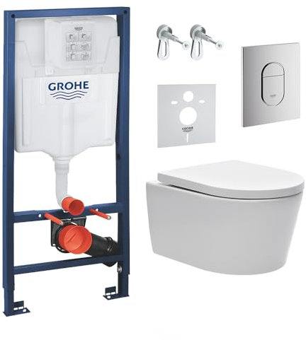 WC Suspendu Pack Complet Accessoires - Pack WC Grohe Bâti support Solido 113cm,Cuvette SAT rimless fixations invisibles, Abattant softclose, Plaque chrome, Abattant WC,Cuvette Toilette, Chasse d'eau