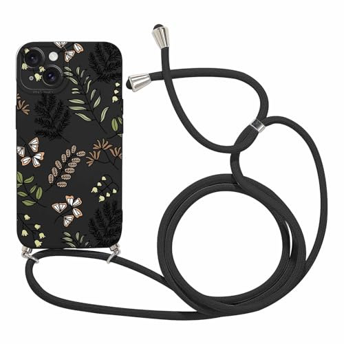 Foonary Coque pour Apple iPhone 15 Plus 6,7 avec Cordon, Cute Aesthetic Motif Réglable Collier Housse, Silicone Étui Bumper Protection Case avec Corde Lanyard pour iPhone 15 Plus, Fleur 08