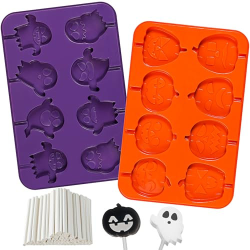 Kamehame Lot de 2 moules en silicone pour sucettes au chocolat d'Halloween en forme de citrouille, fantôme, avec 100 bâtonnets en papier pour chocolat, bonbons