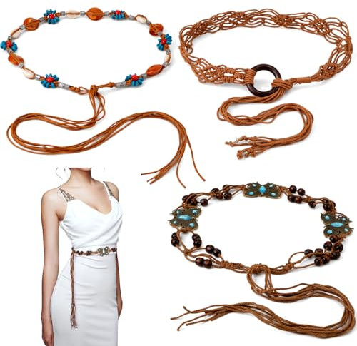 3pcs Woven Waist Belt, Light Camel Women's Bohemian Style Braid Waistband with Butterfly Vintage Tassels Boho Waist Accessories for Dress Braided Dress Belt for Daily Wearing Gift for Family Friends