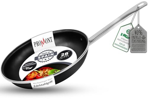 ProMont Energiesparpfanne 28 cm Einsparung bis zu 40% - Emaillierter Stahl, Antihaft Beschichtung innen, sehr leicht zu reinigen, Schwarz Pfanne für alle Herdarten Spülmaschinenfest Edelstahlgriff