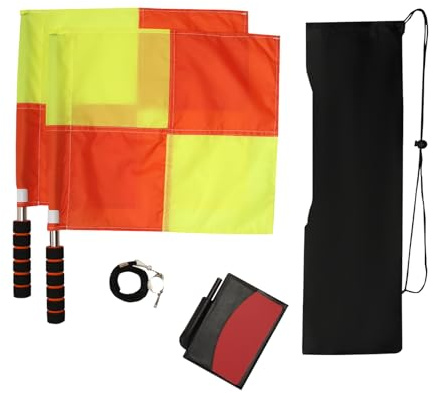 redgino Soccer Referee Kit 2 Pcs Checkered Linesman Soccere Flags, Red Yellow Ref Cards with Notebook and Pencil,Coach Stainless Steel Whistles with Storage Bag