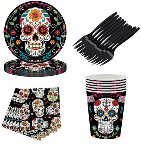 Halloween Party Tableware Set,Day of The Dead Table Decorations 80 Pcs Muertos Tableware of The Dead Including Halloween Plates, Paper Cups, Paper Towels, and Other Party Supplies