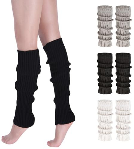 COWANIEE 3 Pairs Knitted Leg Warmers, Fashion Black and White Leg Warmers for Women Girls