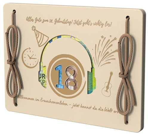 EQUIK PRODUCTS Grußkarte aus Holz | Geldgeschenk, Geldbörse, Holzgeldtasche | Originelles Geburtstagsgeschenk | Lustiges Geschenk | Geschenk für Reisen, Geburtstage | Holzkarte mit Muster (18 Jahre)