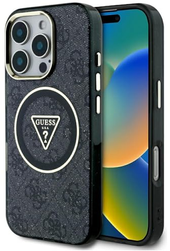 CG MOBILE Guess IML Metal Glitter 4G Circle Triangle kompatibel mit MagSafe Hülle für iPhone 16 Pro Max (Schwarz)