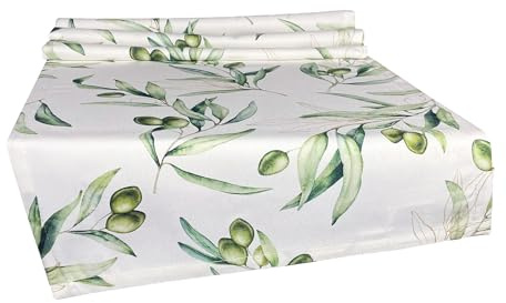 beties - Italy Collection - , Tischläufer ca. 40x270 cm Olive, 100 % Baumwolle – Premium Qualität – weiß mit grünen Oliven und zart goldenen Details