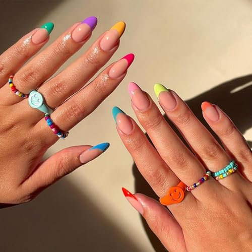 Colorful French Tip False Nails Almond - 24PCS Summer Press on Nails - Glossy Medium Oval Fake Nails wiith glue - Full Cover Stick On nails Rainbow Edge French Tip for Women