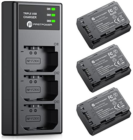 FirstPower NP-FZ100 Battery 3-Pack and Triple Slot Charger for Sony FX3, FX30, A7 III, A7 IV, A7C, A9, A6600, A6700, ZV-E1, ZV-E10 II, A7R3, A7S III/A7S3, A7R III, A7R IV, A7R V Camera