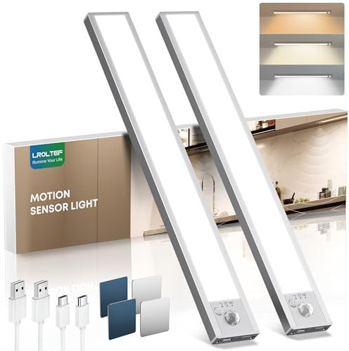 LROLTEF Schrankbeleuchtung Led Lampe mit Bewegungsmelder - 30cm 2200mAh 6500K 4000K 3000K 3 Farbtemperaturen Dimmbar Unterbauleuchte Küche Licht Treppenlicht Aufladbar Magnetische mit Sensor | 2 Stück