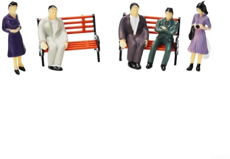HpLive 50 Stück Sitzende und Stehende Modellfiguren Passagiere mit 8 Bänken für Modelleisenbahn Spur H0 1:87 Landschaftsbau