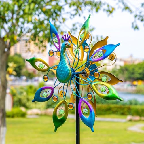 ENEN Windrad Garten, Pfau Metall Windmühle Windspiel Gartenstecker Wetterfest Gartendeko Blumenstecker Windmühle für Terrasse Rasen Garten Dekoration (Blau,164x33cm)