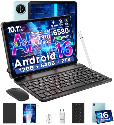 DOOGEE Tab A9 Android 16 AI Tablet 10 Zoll, Tablet mit Tastatur/Stift/Maus/Hülle, 6580mAh,12GB RAM+64GB ROM(TF 2TB), Unisoc T310, Dual Speaker, 5G WiFi, HD IPS Display, 8MP, GMS, BT5.0, 3.5mm, Face ID