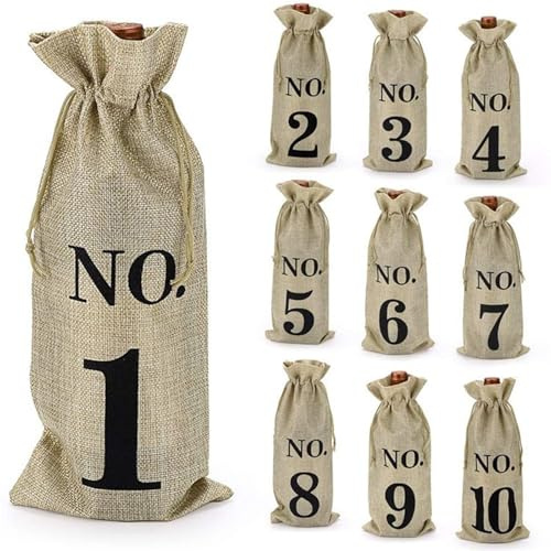 Trlyane 10 Bolsas de Yute para Botellas de Vino Numeradas 1-10 con Cordón | Diseños Decorativos, para Catas, Bodas, Fiestas, Cenas, Navidad y Otras Celebraciones