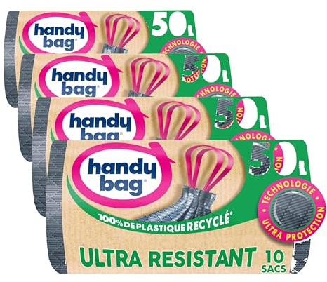 Handy Bag Sacs poubelle à poignées coulissantes Ultra Résistant & Fond anti-fuite, 100% plastique recyclé, 1 rouleau de 10 sacs poubelle 50L (Lot de 4)
