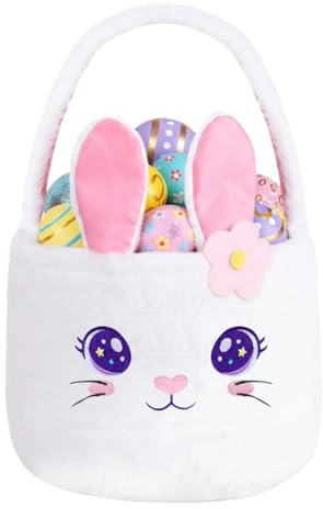 PinkSheep Osterkorb für Kinder, Plüsch Ostereier/Süßigkeiten Korb mit Griff, Niedliche Tier Lagerkörbe für Jungen Mädchen (Weißer Hase)