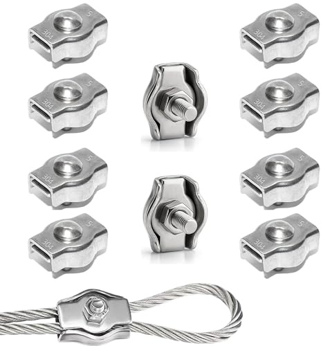 Rshuhx M5 Wire Rope Clip Clamp 304 Stainless Steel Cable Clip Wire Rope Cable Clamp 10pcs for Rigging Ropes and Tension Cable Garden Tensioning Awning Fixed Clothesline Tensioner