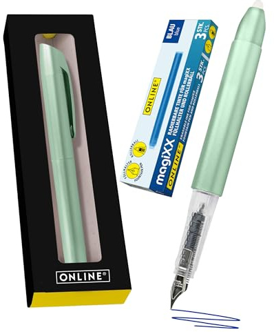Online MagiXX Metallic Green Fountain Pen with Erasable Blue Ink Includes 4 MagiXX Cartridges I Write, Erase & Correct in One I Fountain Pen as a Gift for School and University