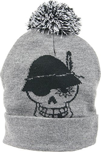 WIESNROCKER I WR1102-1 I Warme Winter Bommel-Mütze, Strick-Mütze hell-grau mit schwarz, Totenkopf vorne, Schriftzug hinten, One-Size, Unisex