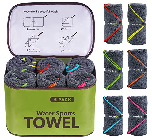 4Monster 6 Stück Mikrofaser-Badetuch, Campinghandtuch, Schwimmhandtuch, Sporthandtuch mit Zubehörtasche, schnell trocknend und super saugfähig für Reisen, Fitnessstudio, Boot, Familie, 61x121 cm
