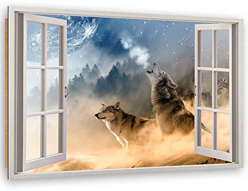 Feeby - Wandbilder Wohnzimmer 90x60 cm, Deko Paneel Bilder, Bilder für Schlafzimmer, Echter Gemalter Effekt, Moderne Wanddeko, Gemälde - Fensterblick, Wölfe - Blau