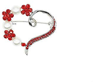 TULIP LY Broche en Forme de cœur pour Femme avec Cristaux Transparents et Perles (Perle Blanche + Cristal Rouge, Or Blanc)