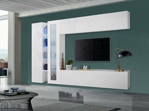 Dmora Parete attrezzata Costante, Set Salotto Porta TV a 4 Ante, Mobile Soggiorno Multiuso, 100% Made in Italy, cm 280x30x180, Bianco Lucido