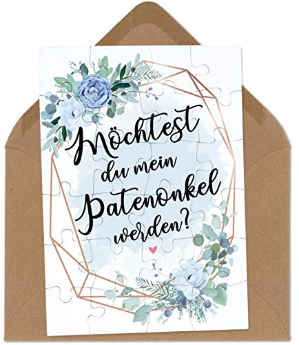 OWLBOOK Patenonkel Fragen Blauer Blumenkranz Puzzle mit Brief-Umschlag Geschenke Geschenkideen für Patenonkel zur Geburt & Schwangerschaft zur Taufe