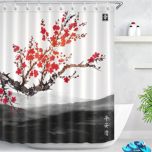 LB Rote Cherry Blumen Duschvorhang 120x175cm mit Haken, Japanisch Landschaft Bad Gardinen Schwarzer Berg Oriental Badezimmer Vorhang Wasser Beständig Antischimmel Waschbares Polyester Stoff