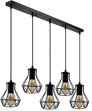 DC Voltage Vintage Light Industrial Pendant Wire Cage Shade, Lamp Black Hanging Ceiling E27 Holder Fitting with Plate for Home, Restaurants and cafes (with Bulb, 5 Head Rectangle Base)
