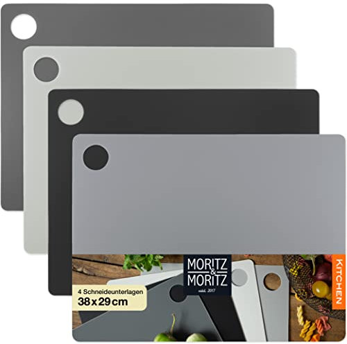 Moritz & Moritz 4x Flexibles Schneidebrett Kunststoff Dünn - Schneidebretter je 38 x 39 cm - Frühstücksbrettchen - Schneidebrett Flexibel - Für sicheres Schneiden mit Grifföffnung
