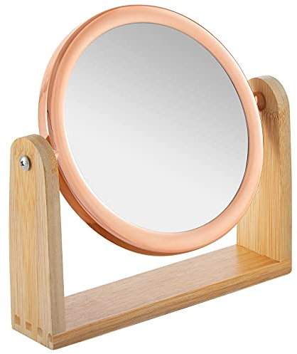 YEAKE Double Sided 10X Magnifying Makeup Mirror with Bamboo Stand,Small Desk Table Mirror with 360° Rotation,Standing Portable Cosmetic Mirror,Good for Shaving,Traveling(Rose Gold,Round)