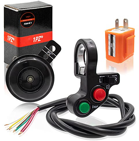 1PZ F04-IC1 22mm 7/8 Commutateur de Guidon de Moto Bouton Marche/Arrêt Interrupteur + Relais clignotant à 2 broches 12V + Klaxon, remplacement pour Honda Yamaha Suzuki Arctic VTT