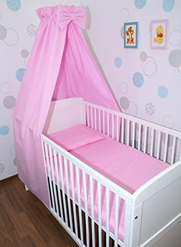 Primawela Baby Bettset Bettwäsche mit Himmel Vollstoff - Rosa - Bettausstattung Set (7 teilig)