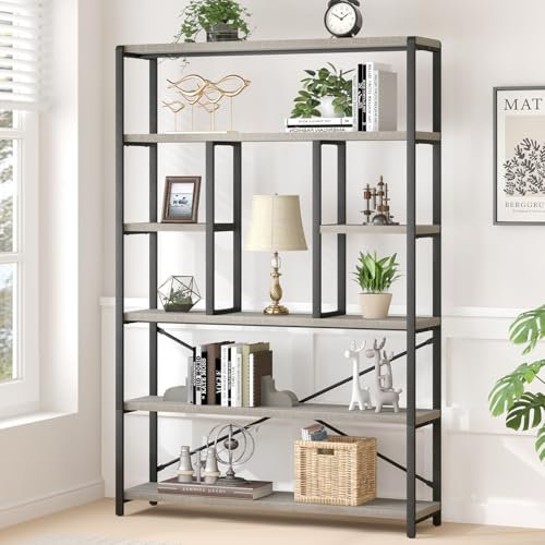LVB 6 Tier Bookshelf, Tall Bookcase, Display Shelf, Living Room Bookcases, Bookcases Free Standing for Office, Study, Bedroom, Industrial, Storage Shelves, Shelving Unit, Grey Bookshelf, 180 cm